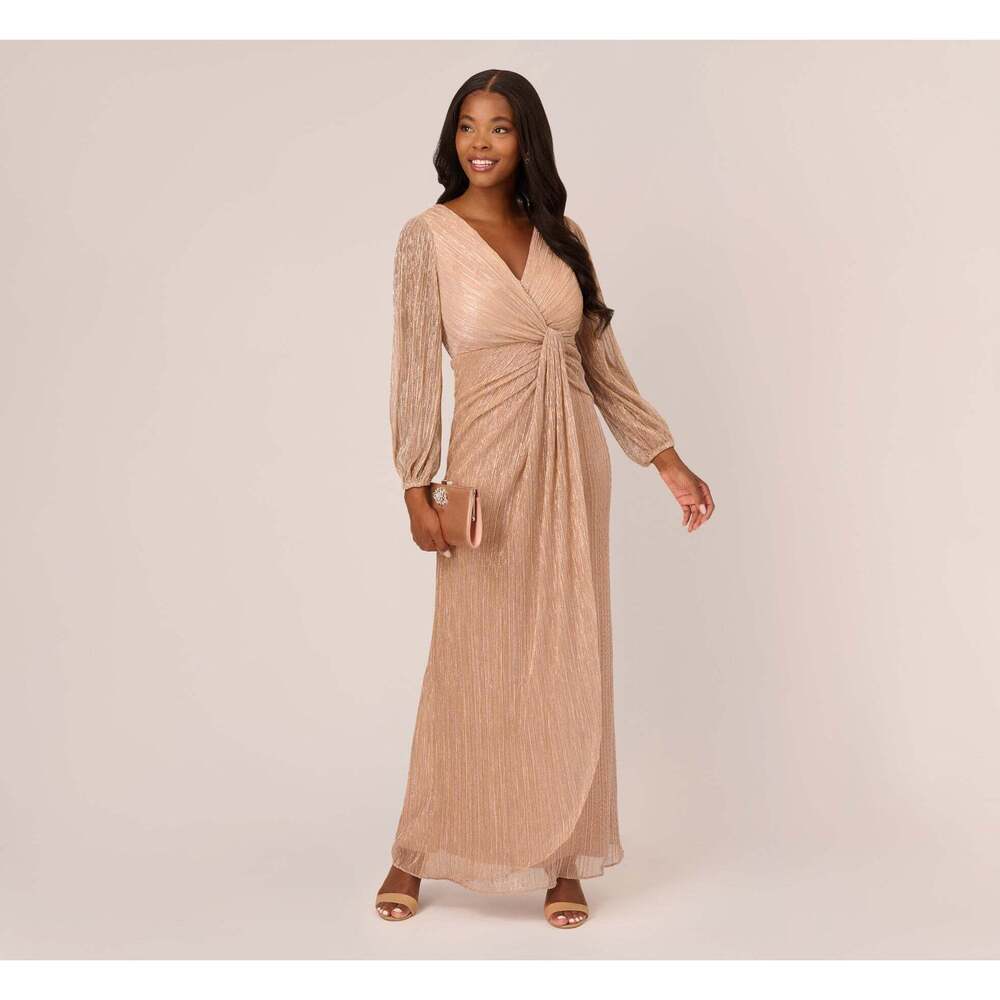Adrianna Papell Metallic Crinkled Mesh Draped Long Gown In Light Gold Size 16Lig